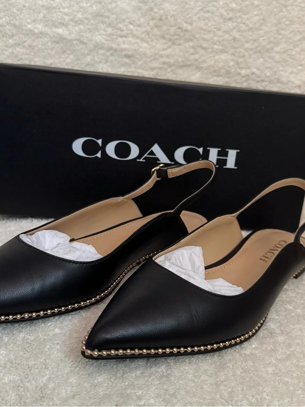 Coach Vae Skimmer Leather Slingback Flats Black with Gold Bead Trim Size 6 NEW